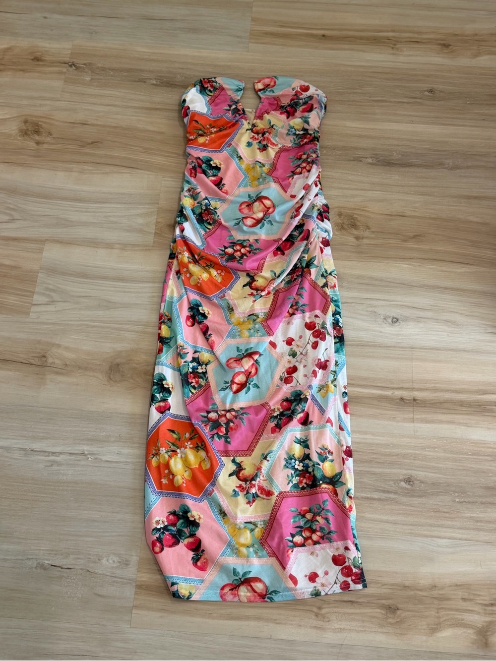 Strapless Multicolor Fruit-Print Midi Dress